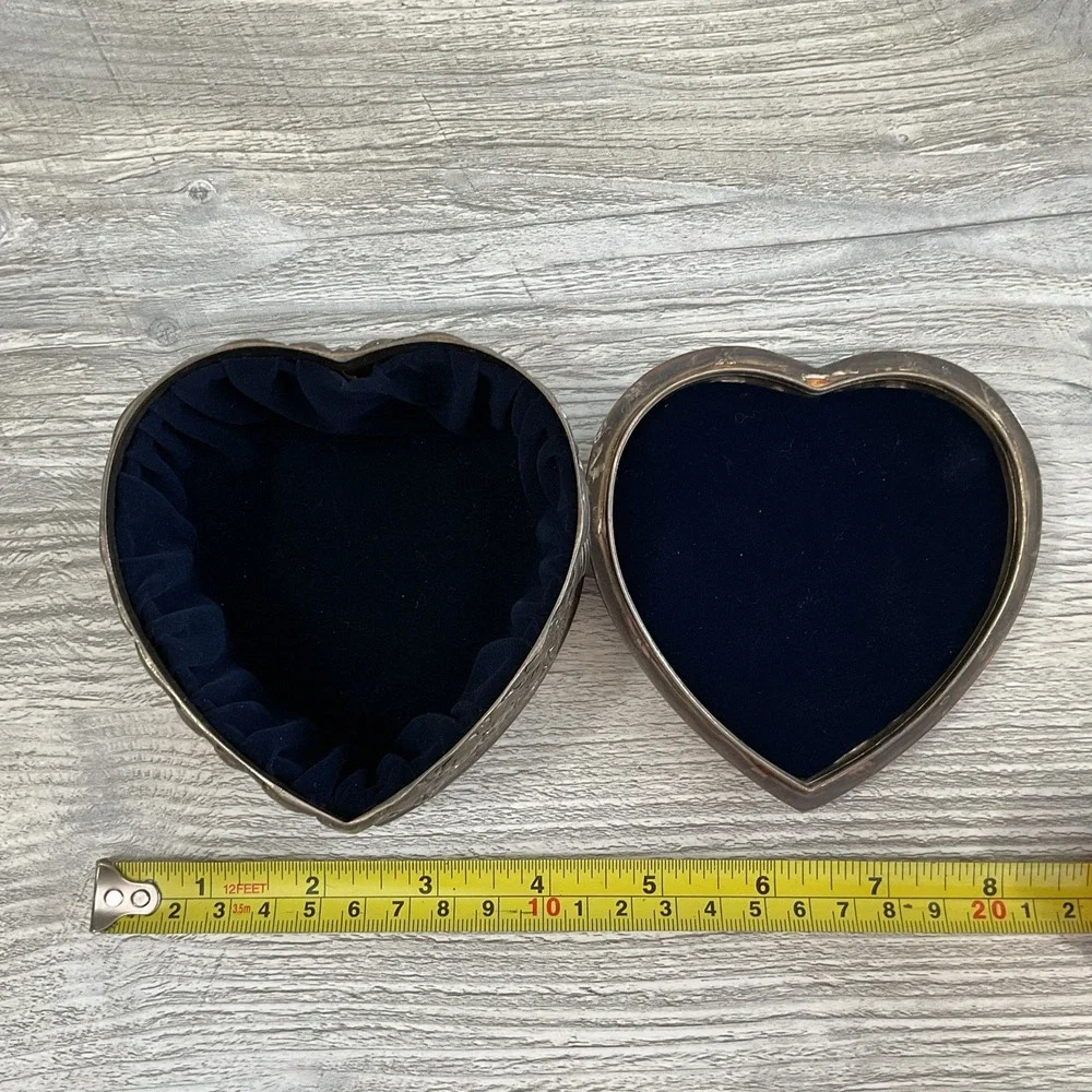 Vintage Heart Shaped Silver Tone Trinket Jewelry Box Blue Velvet Lined Embossed